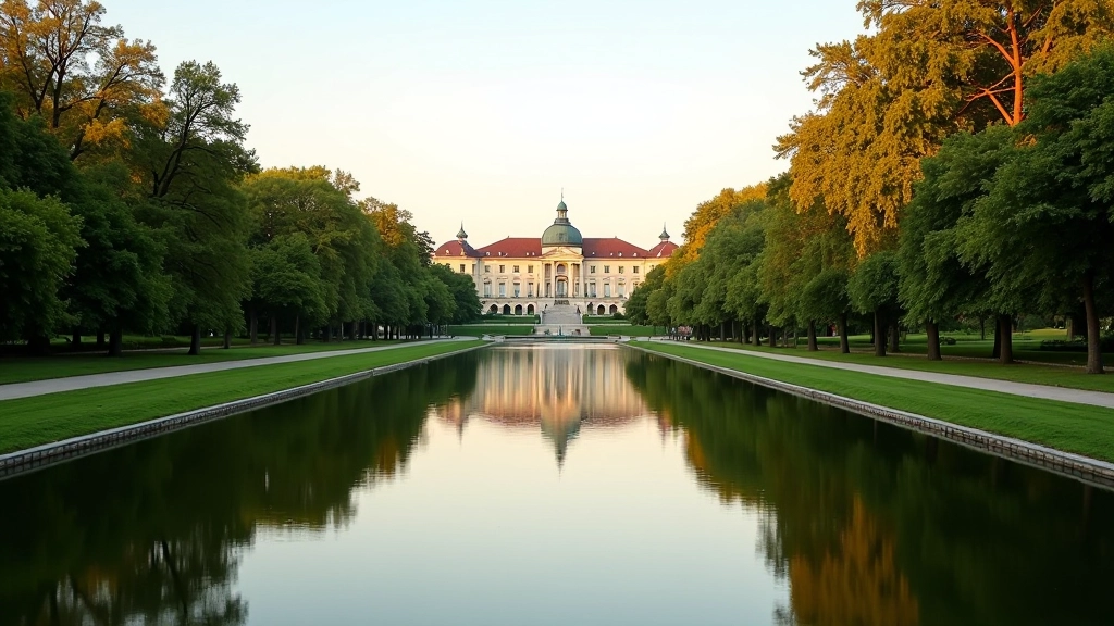 Łazienki Królewskie Park z pałacem odbijającym się w wodzie, zielone drzewa otaczające jezioro, spokojne jezioro odbijające niebieskie niebo