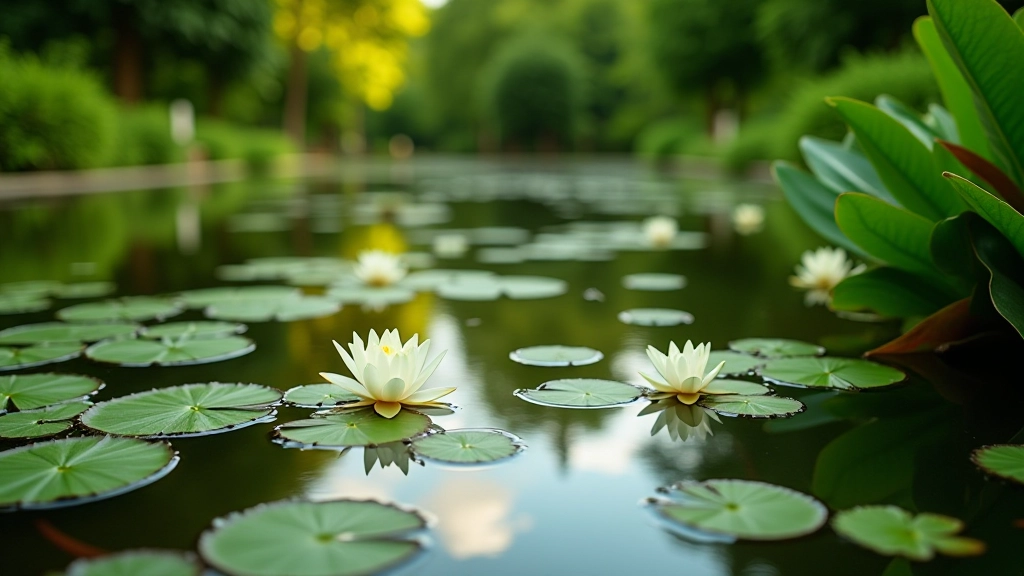 Staw w Ogrodzie Botanicznym, lilie wodne i rośliny wodne, naturalne krajobrazy