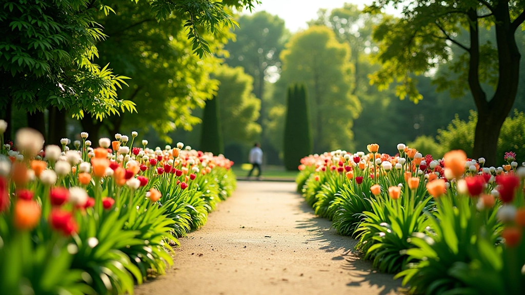 Ogród botaniczny z kolorowymi kwiatami i drzewami w słonecznym dniu