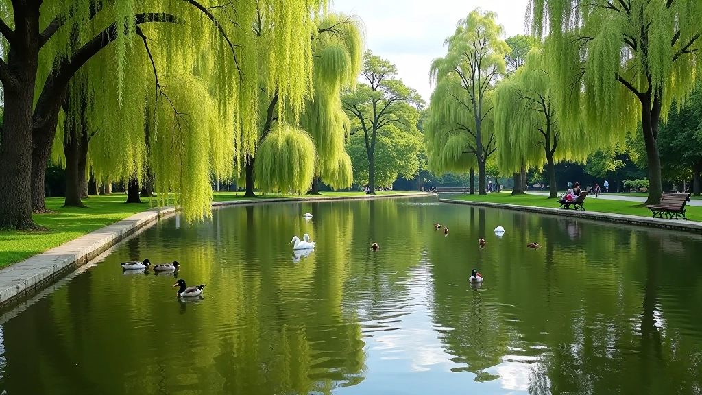 Łazienki Park pond with ducks swimming, mature trees reflected in calm water, people sitting on benches