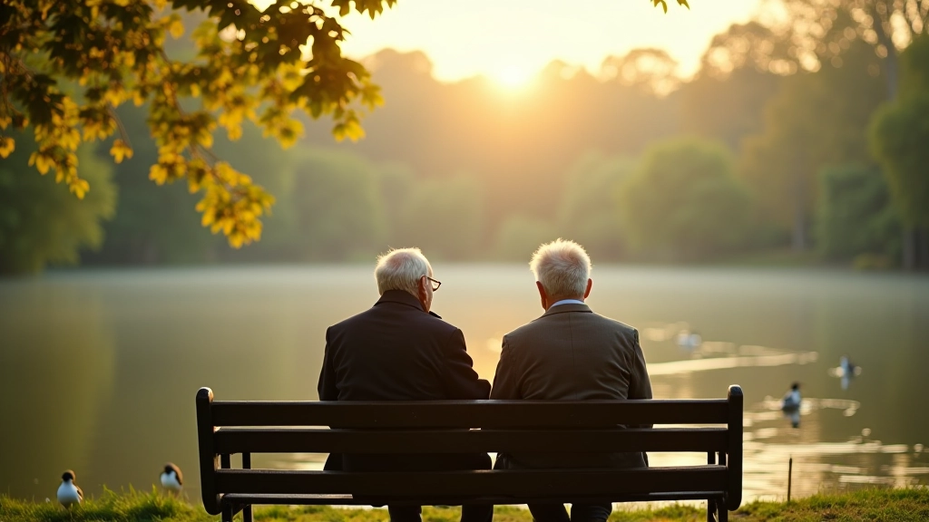 Seniorzy na ławce w parku obserwujący ptaki nad jeziorem, spokojny poranek